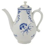 A WORCESTER SMALL COFFEE POT AND MATCHED COVER, CIRCA 1785 pear shaped, painted in underglaze blue