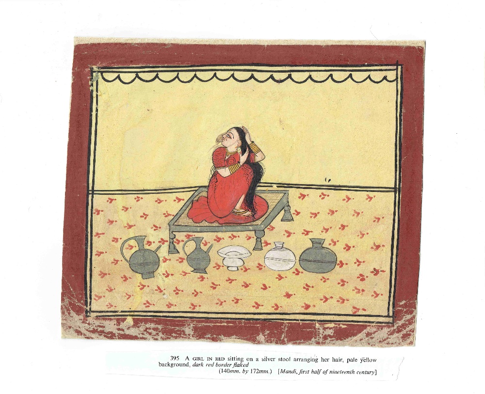 A GIRL ARRANGING HER HAIR, MANDI, PUNJAB HILLS, 19TH CENTURY gouache with silver on paper, with