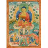 A THANG-KA DEPICTING BUDDHA, TIBET, 19TH CENTURY pigment on cloth, the Buddha seated in a