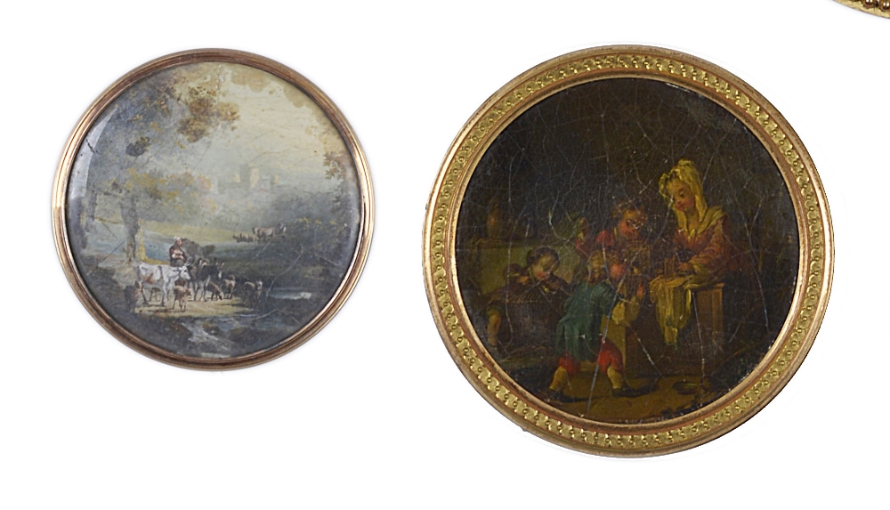 A VERNIS MARTIN PLAQUE, FRENCH, CIRCA 1770 painted with a scene of children playing Shop, 6.5cm