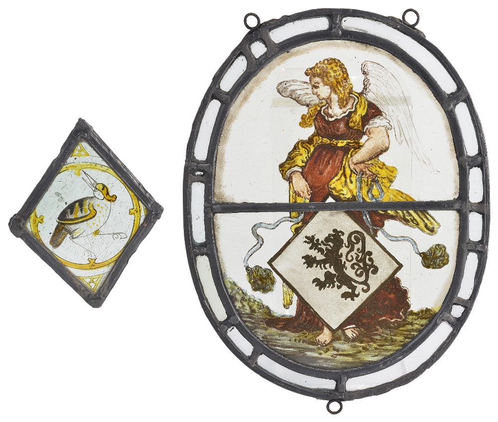 A PAINTED GLASS PANEL, PROBABLY GERMAN, 17TH CENTURY STYLE oval, with an angel before a square