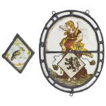 A PAINTED GLASS PANEL, PROBABLY GERMAN, 17TH CENTURY STYLE oval, with an angel before a square