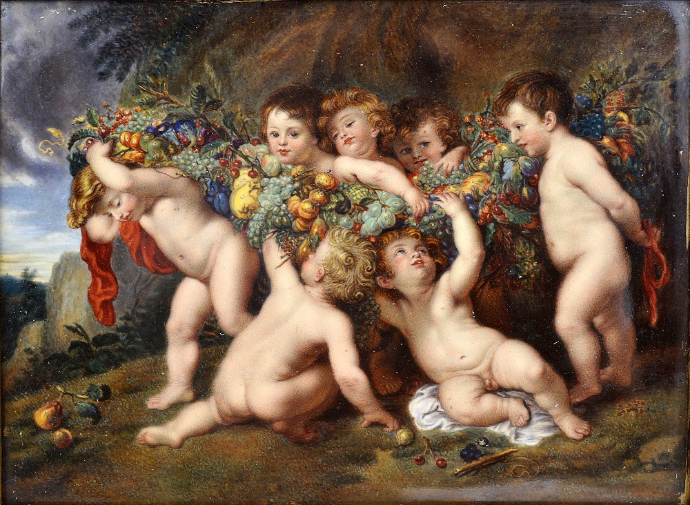 A BERLIN PLAQUE OF 'THE GARLAND OF FRUIT', CIRCA 1890 painted by Franz Schier after Peter Paul