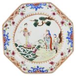 A CHINESE FAMILLE-ROSE PORCELAIN PLATE, QIANLONG (1736-1795) octagonal, painted with figures at