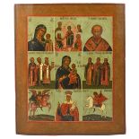 A RUSSIAN NINE PART ICON, 19TH CENTURY centred by the Holy Virgin Hodegetria, tempera on panel 35