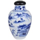 A CHINESE BLUE AND WHITE PORCELAIN SMALL VASE, KANGXI (1662-1722) ovoid, painted with an extensive