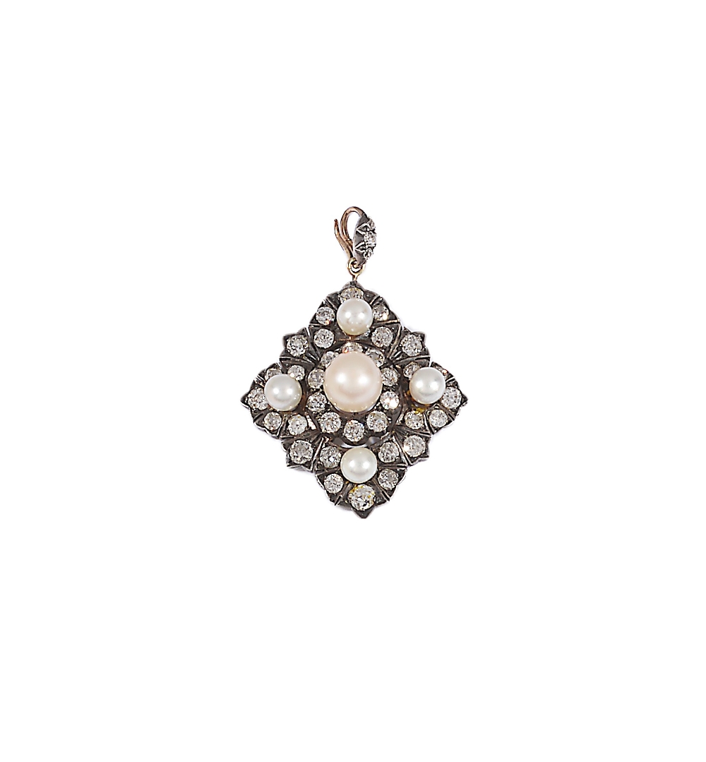 CULTURED PEARL AND DIAMOND PENDANT, 1880s lozenge shaped, set throughout with cushion shaped and