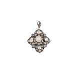 CULTURED PEARL AND DIAMOND PENDANT, 1880s lozenge shaped, set throughout with cushion shaped and