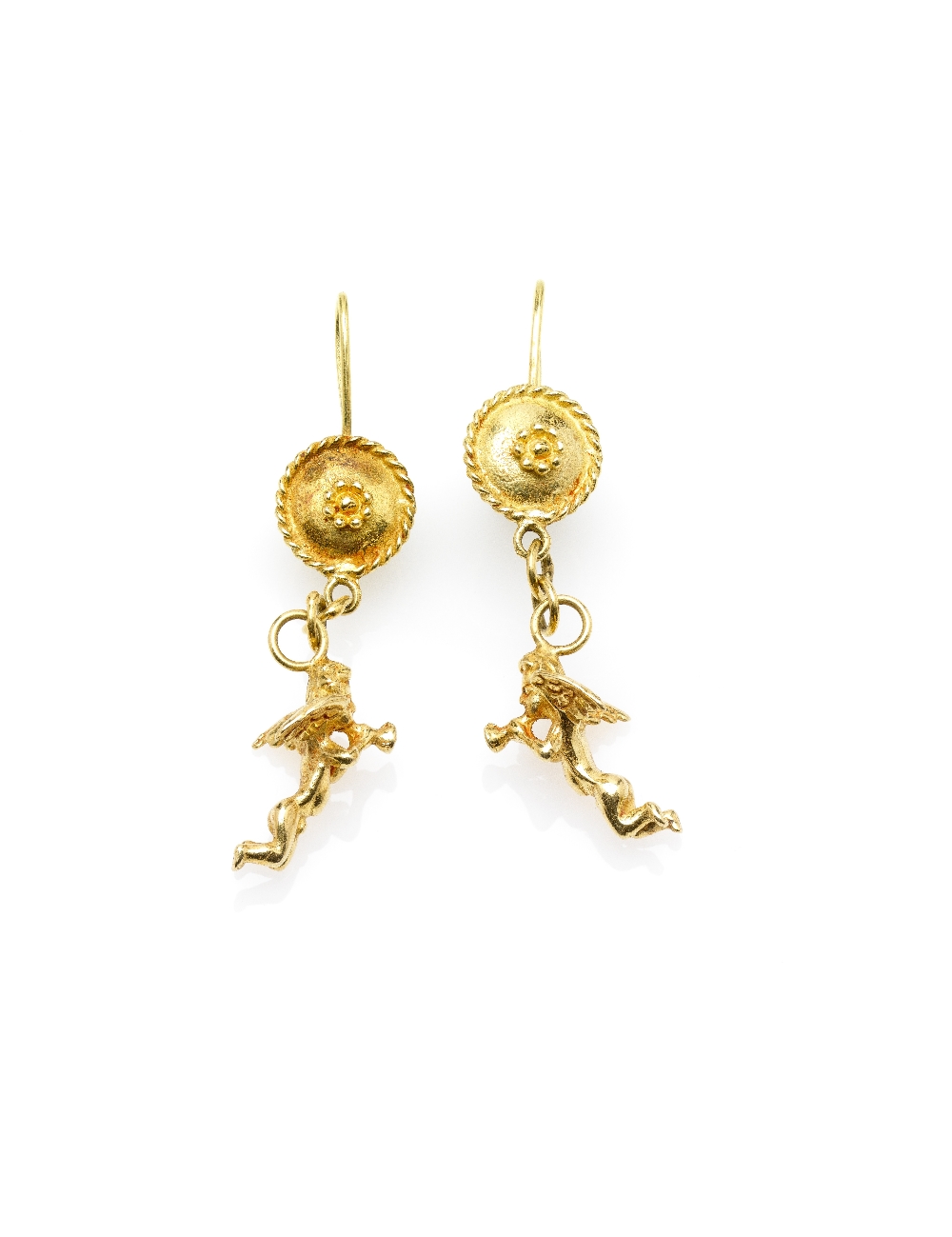 PAIR OF FIGURAL PENDENT EARRINGS each pendant cast as a winged angel blowing a trumpet hung on three