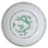 A CHINESE PORCELAIN GREEN ENAMELLED 'DRAGON' SAUCER DISH, QING DYNASTY, 18TH CENTURY the interior