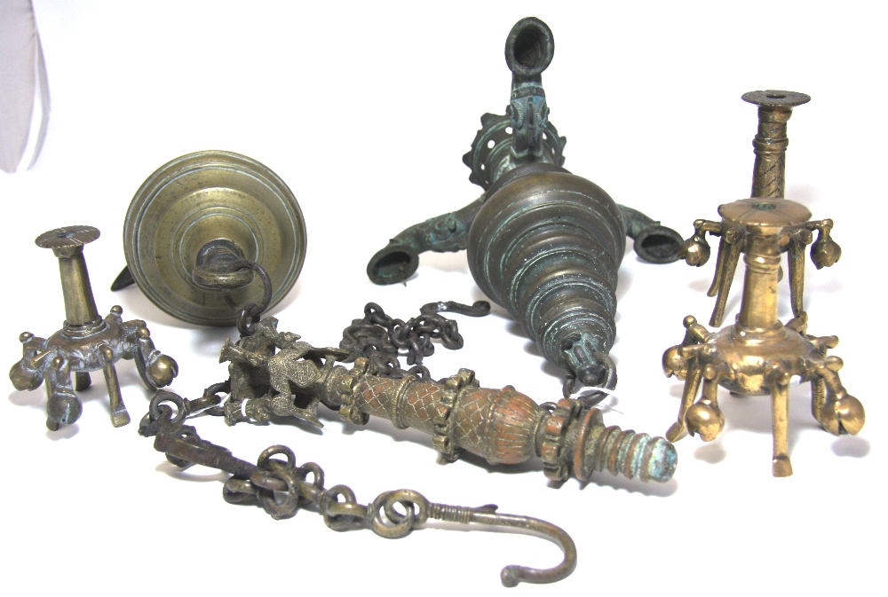 A GROUP OF BRASS ITEMS, INDIA, MOSTLY 19TH CENTURY comprising six cosmetic bottles, two hanging - Image 2 of 2