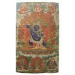A THANGKA DEPICTING VAJRAPANI, TIBET, 18TH CENTURY pigment on cloth, the plump blue deity with