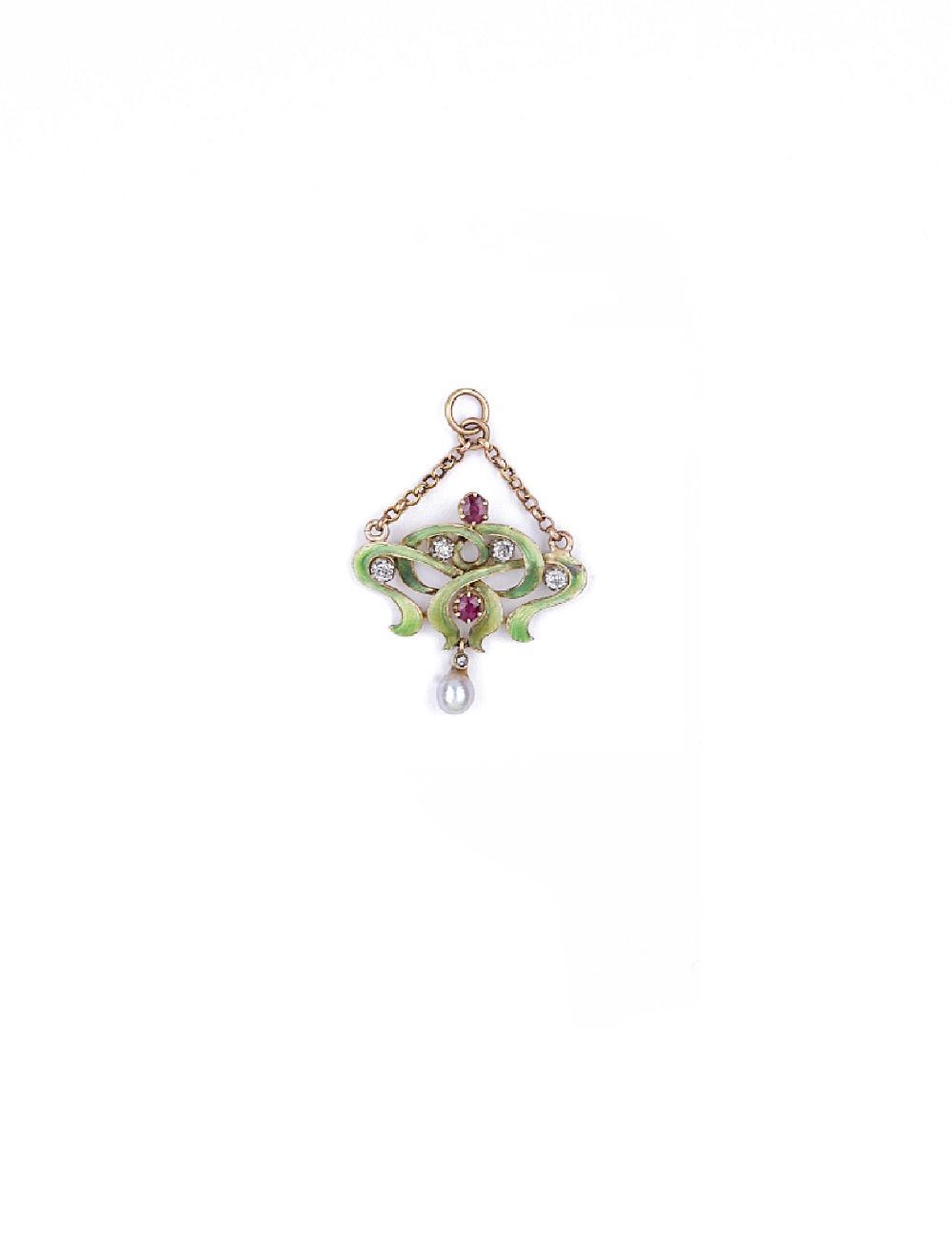 ENAMEL, RUBY, DIAMOND AND PEARL GOLD PENDANT, RUSSIAN, 1899-1908 designed as a green enamel leaf