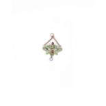 ENAMEL, RUBY, DIAMOND AND PEARL GOLD PENDANT, RUSSIAN, 1899-1908 designed as a green enamel leaf