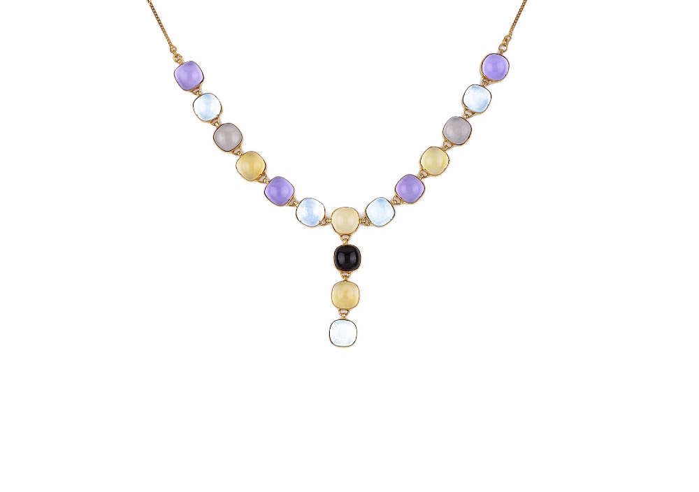 EIGHTEEN CARAT GOLD, MULTICOLOURED QUARTZ AND TOPAZ NECKLACE designed as a row of cushion shaped