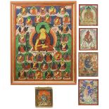 SIX BUDDHIST PAINTINGS, TIBET, 19TH CENTURY comprising five tsaklis, one depicting Amitayus, another