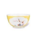 A MEISSEN YELLOW GROUND BOWL, CIRCA 1730 painted in Kakiemon style in a shaped quatrefoil panel with