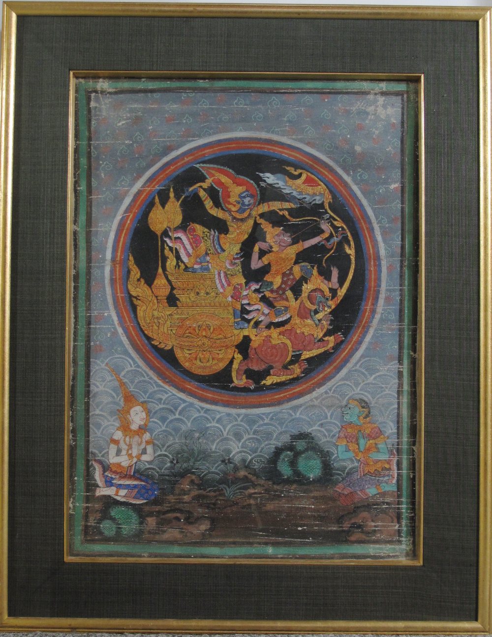 THREE HINDU AND BUDDHIST PAINTINGS, THAILAND, 19TH CENTURY comprising A Scene from the Ramayana (
