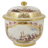 A Meissen sugar bowl and cover, circa 1735 the bowl enamelled with two reserves of Kauffahrtei