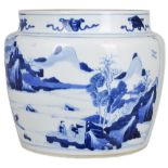 A CHINESE BLUE AND WHITE PORCELAIN JAR, KANGXI (1662-1722) painted with two panels, one with figures