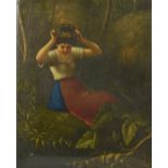 A PAINTED BLACK LACQUER PANEL, RUSSIAN, LATE 19TH CENTURY rectangular, depicting a girl sitting in a