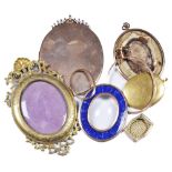 A COLLECTION OF ELEMENTS OF MINIATURE FRAMES, 18TH/19TH CENTURY a gold frame with scroll surmount, a