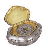 A SILVER TIMEPIECE SNUFF BOX, MID 18TH CENTURY the unmarked box probably German, cartouche shaped,