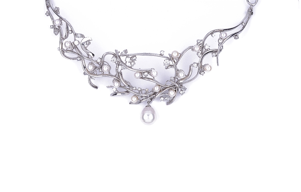 DIAMOND AND CULTURED PEARL NECKLACE / TIARA designed as a spray of twisting branches interspersed - Image 2 of 2