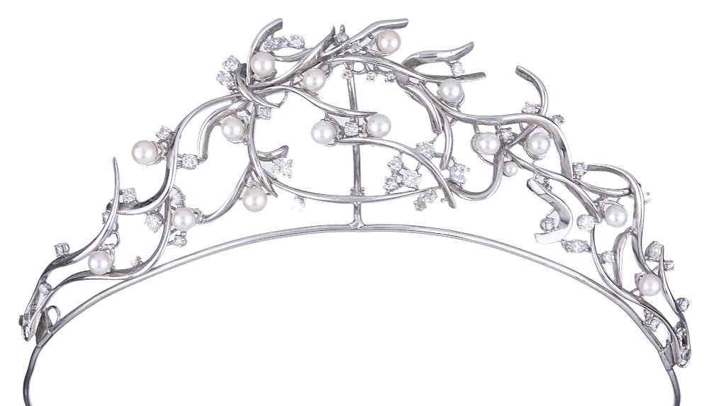 DIAMOND AND CULTURED PEARL NECKLACE / TIARA designed as a spray of twisting branches interspersed