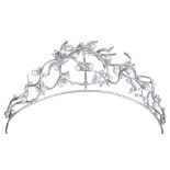 DIAMOND AND CULTURED PEARL NECKLACE / TIARA designed as a spray of twisting branches interspersed