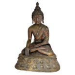 A BRONZE FIGURE OF BUDDHA, TIBET, 13TH/14TH CENTURY seated in padmasana on a double lotus throne,