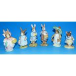 Six Royal Albert Beatrix Potter figures, some with original boxes: Peter Postbag; Benjamin Bunny;