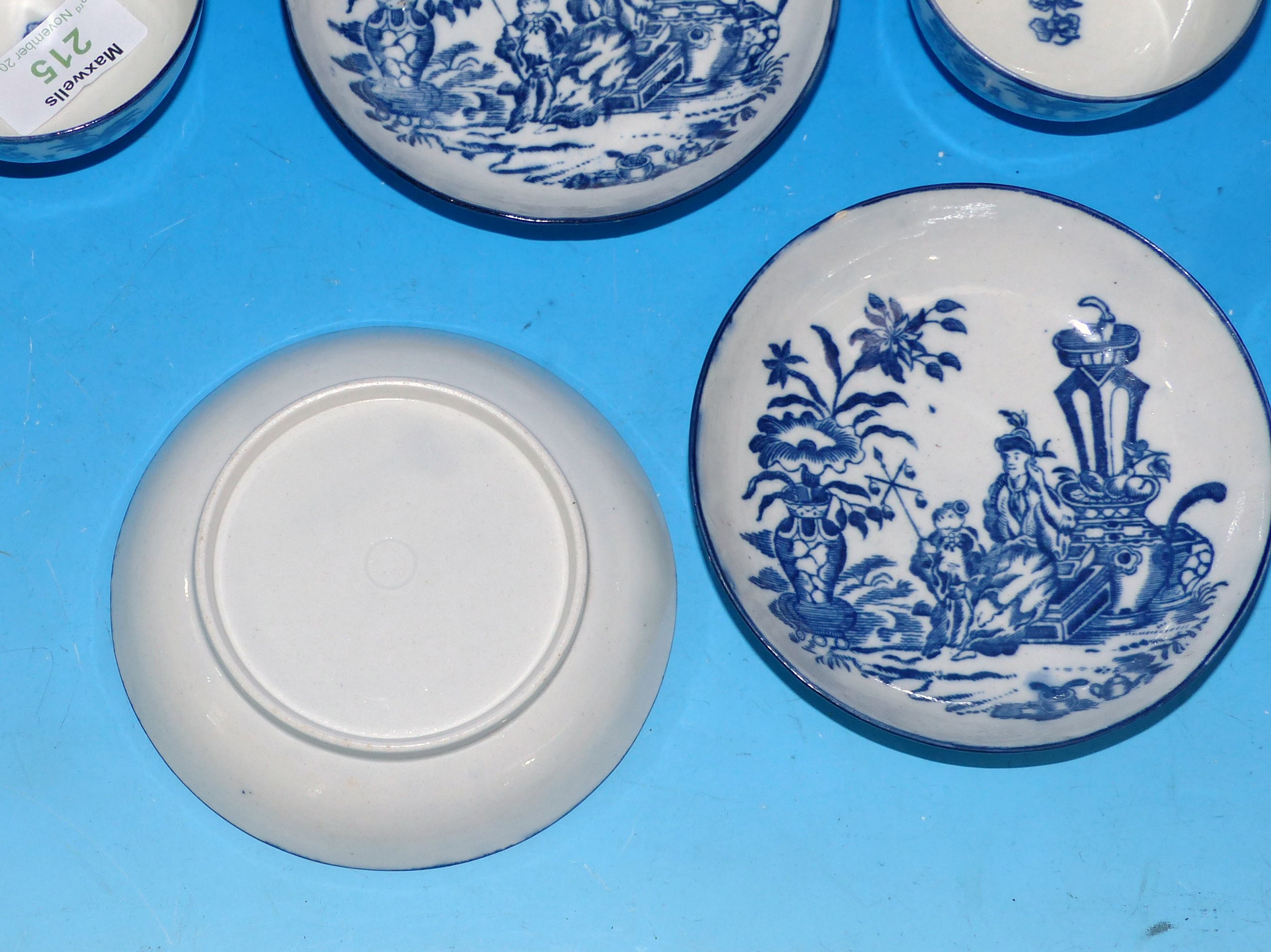 A set of 4 late 18th century English porcelain tea bowls and 3 saucers with blue transfer printed - Image 2 of 2