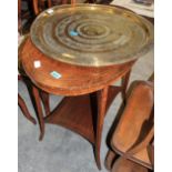 An Edward VII mahogany line inlaid oval centre table and a brass benares tray