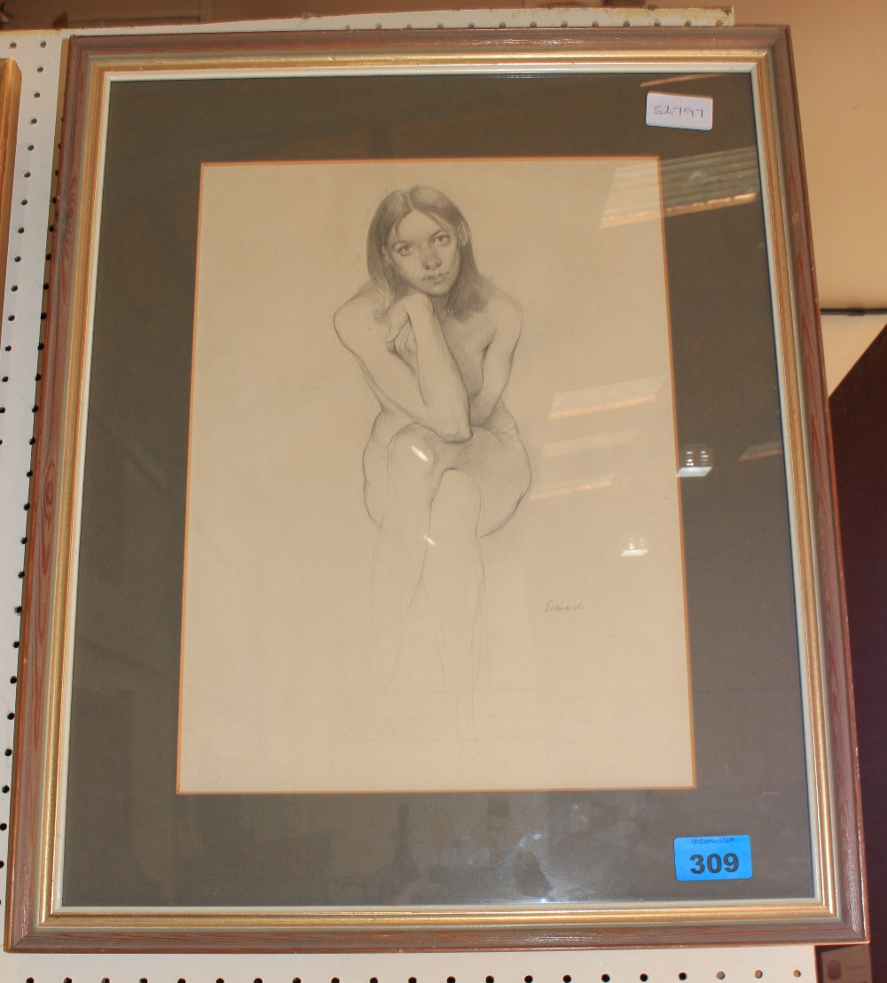 EDWARDS. Female nude study. Signed. Pencil drawing 14" x 10"