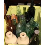 Two boxes of old glass bottles and stoneware