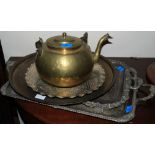 Two plated trays, an alms dish, Benares tray and a brass bottle