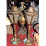 A pair of brass table lanterns, converted mid 20th Century from 18th Century candlesticks and wired