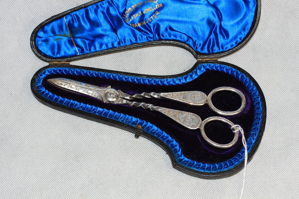 A Victorian silver pair of grape scissors, the twisted shafts with bright cut foliage and