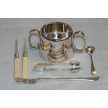 A quantity of silver plate to include a basting spoon, two bottle coasters etc.