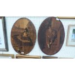 A pair of pokerwork wall plaques depicting a Spanish dancer and matador. 23½'' x 16'' oval