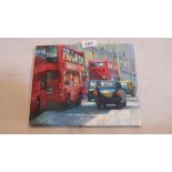 ROGER PAN. 20th CENTURY 'London traffic'. Signed. Oil on canvas. 8'' x 10''. Unframed