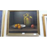 A. VAN DORP Still life of fruit and a pitcher. Signed. Oil on canvas. 16'' x 20''