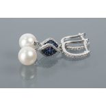 PAIR OF SAPPHIRE AND DIAMOND PEARL EARRI