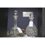 TWO VICTORIAN DECANTERS 
along with three early 20th century decanters