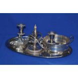 LOT OF SILVER PLATED OBJECTS
including a candelabrum, condiments,