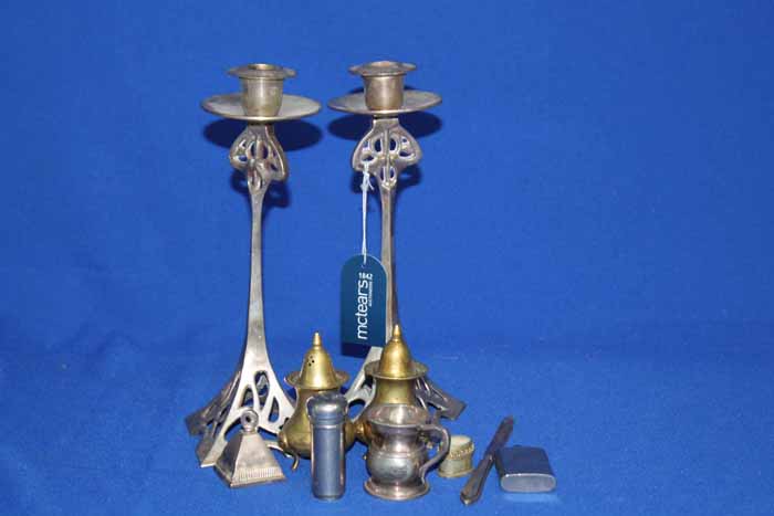 PAIR OF PLATED TABLE CANDLESTICKS 
of Art Nouveau design and a small group of other metalware