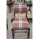 SET OF FOUR UPHOLSTERED CARVED OAK DINING CHAIRS
upholstered seats in tartan,