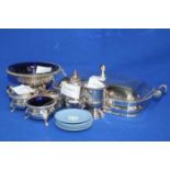 PLATED OBLONG VEGETABLE DISH 
also a group of minor plated items including a three piece cruet set,