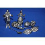 TWO CASPI SILVER FIGURES
along with two silver chestnuts with lids and another nut,